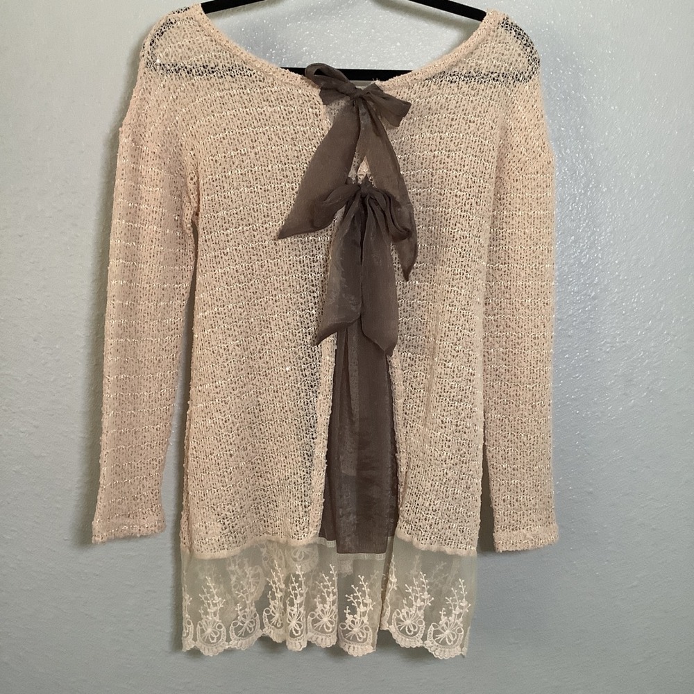 A'Reve Sheer Lace Pink Bow Fairycore Lagenlook Mori Girl Hippie Earthy Top M